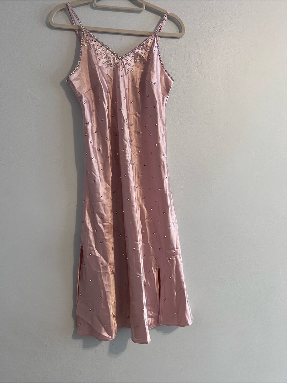 Amazon Essentials Pink Satin Slip Dress with custom Rhinestone Accents